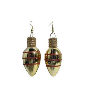 Gold Costume Christmas Bulb Pierced Earrings Lightweight 2" Dangle